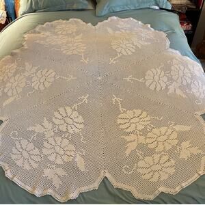 Estate Vintage Tablecloth Round 66" Handmade Crocheted Ecru Beige Cotton